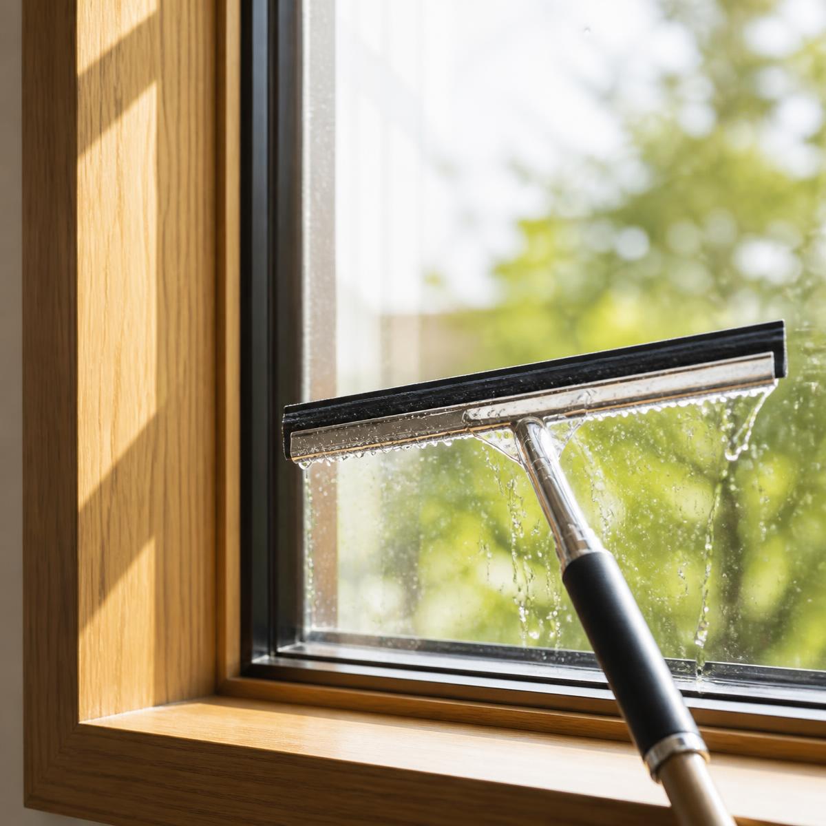 Abzieher reinigt eine Fensterscheibe mit Holzrahmen
